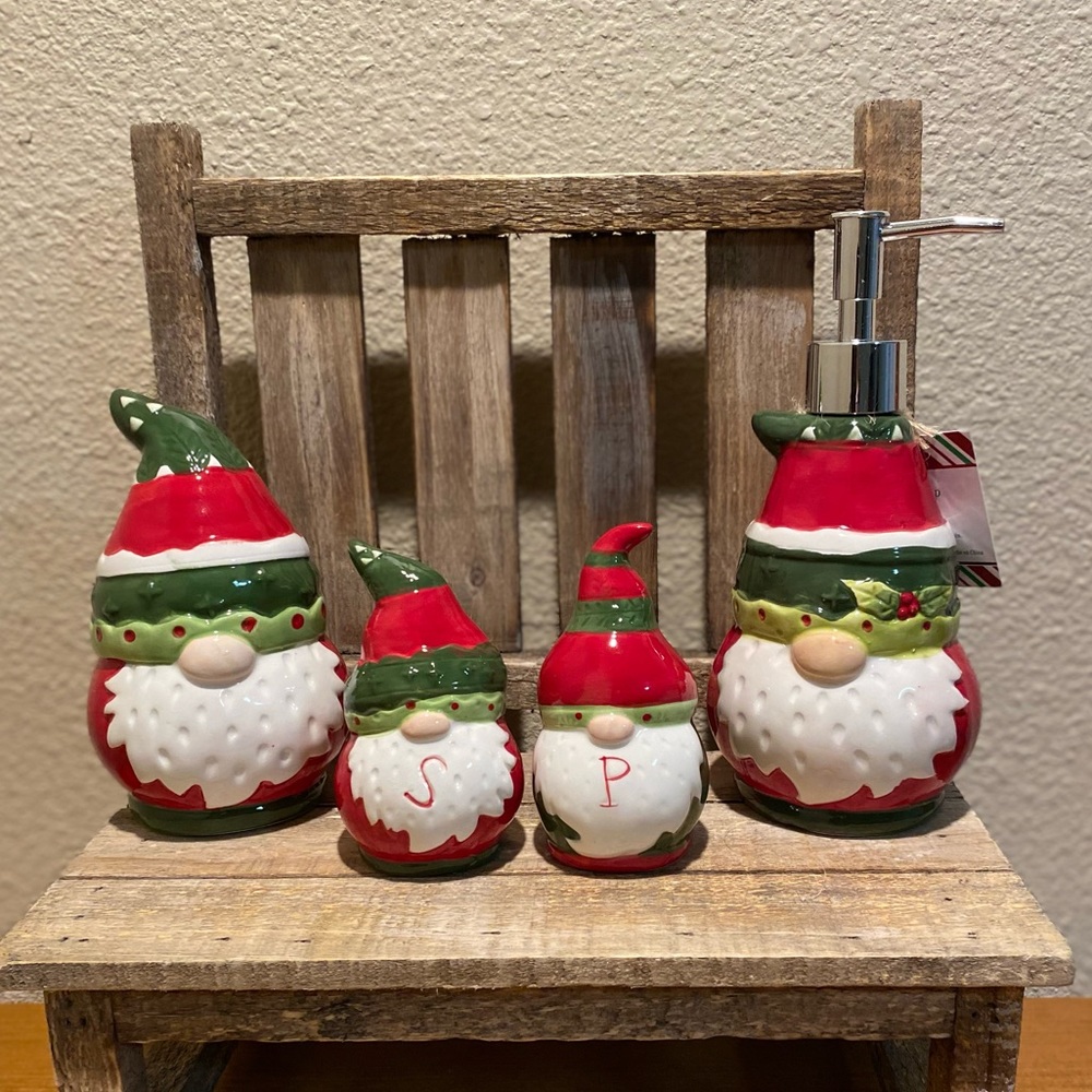 Christmas Elf Gnome Soap Pump, Scrubby Holder & Salt & Pepper Shaker Set